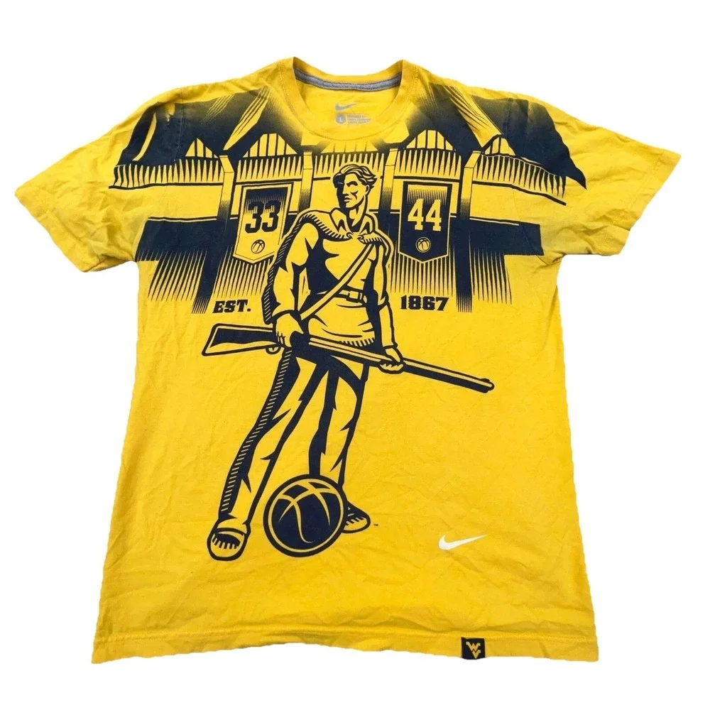 West Virginia Mountaineers Shirt Men Large Yellow Gold Tee Nike All Over Print *